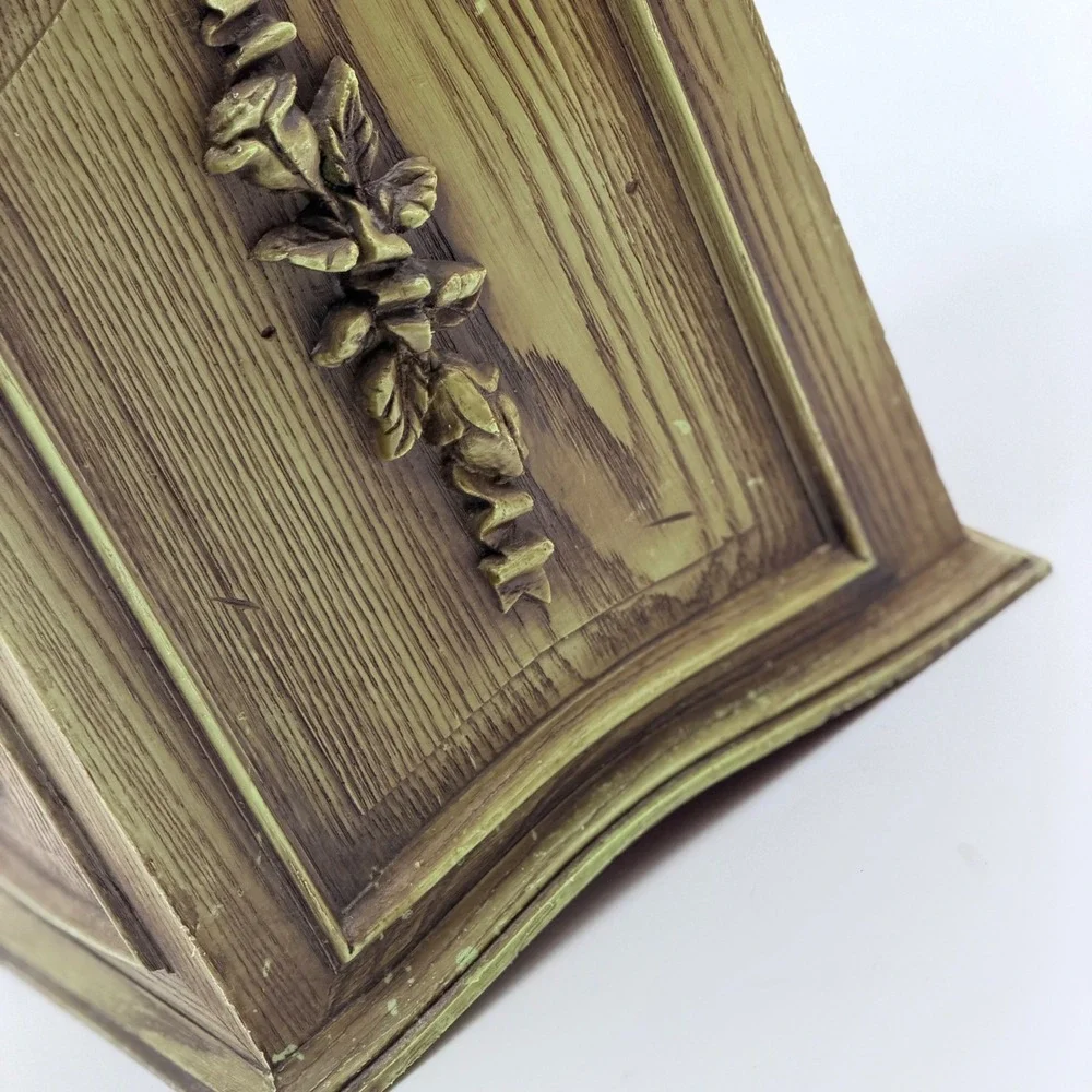 Vintage French Provincial Faux Wood Rose Floral Green MCM Trash Basket  Planter
